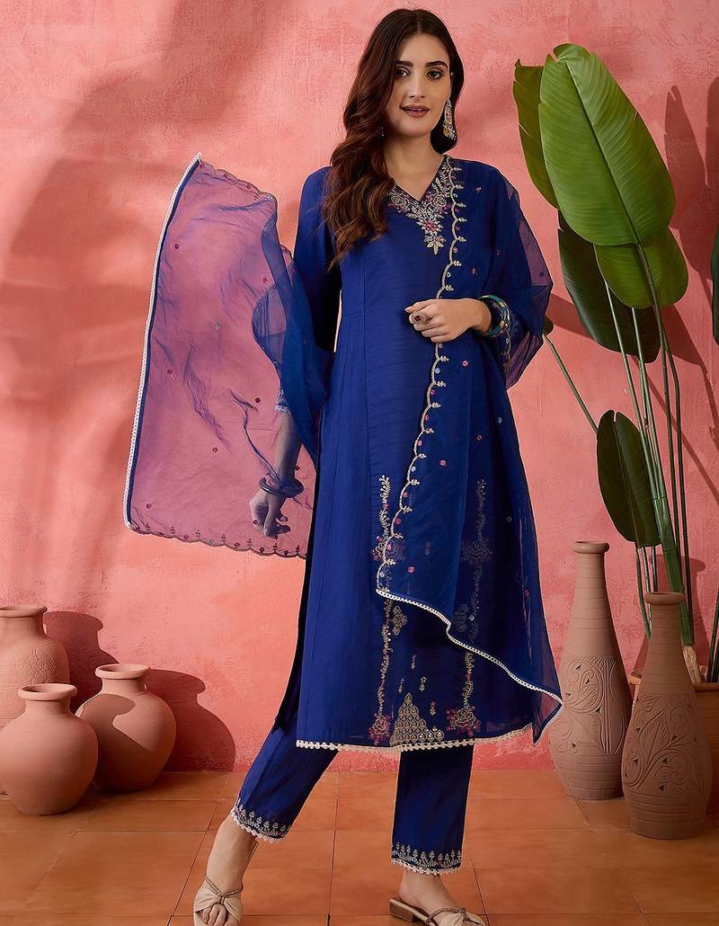 Blue floral embroidered v-neck sequinned straight kurta with trousers and dupatta