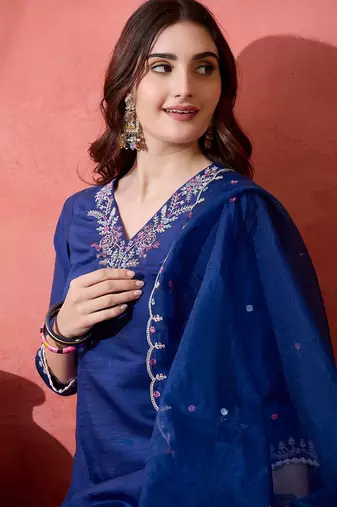 Blue floral embroidered v-neck sequinned straight kurta with trousers and dupatta