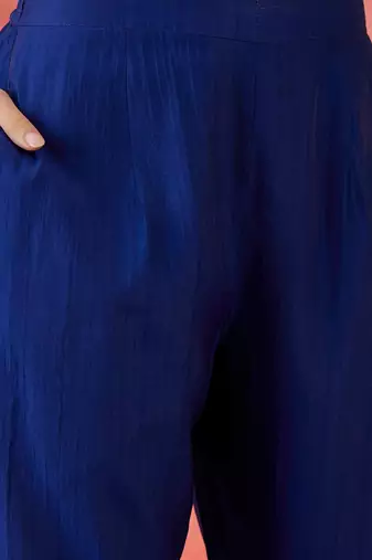 Blue floral embroidered v-neck sequinned straight kurta with trousers and dupatta