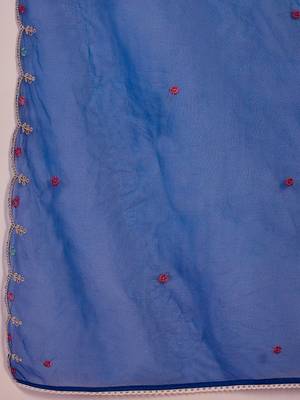 Blue floral embroidered v-neck sequinned straight kurta with trousers and dupatta 4
