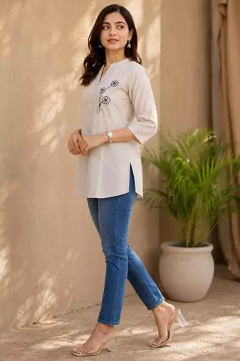 Cotton embroidered short kurti – beige floral design
