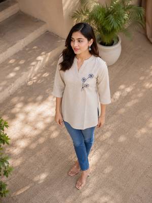 Cotton embroidered short kurti – beige floral design 3