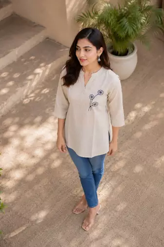 Cotton embroidered short kurti – beige floral design