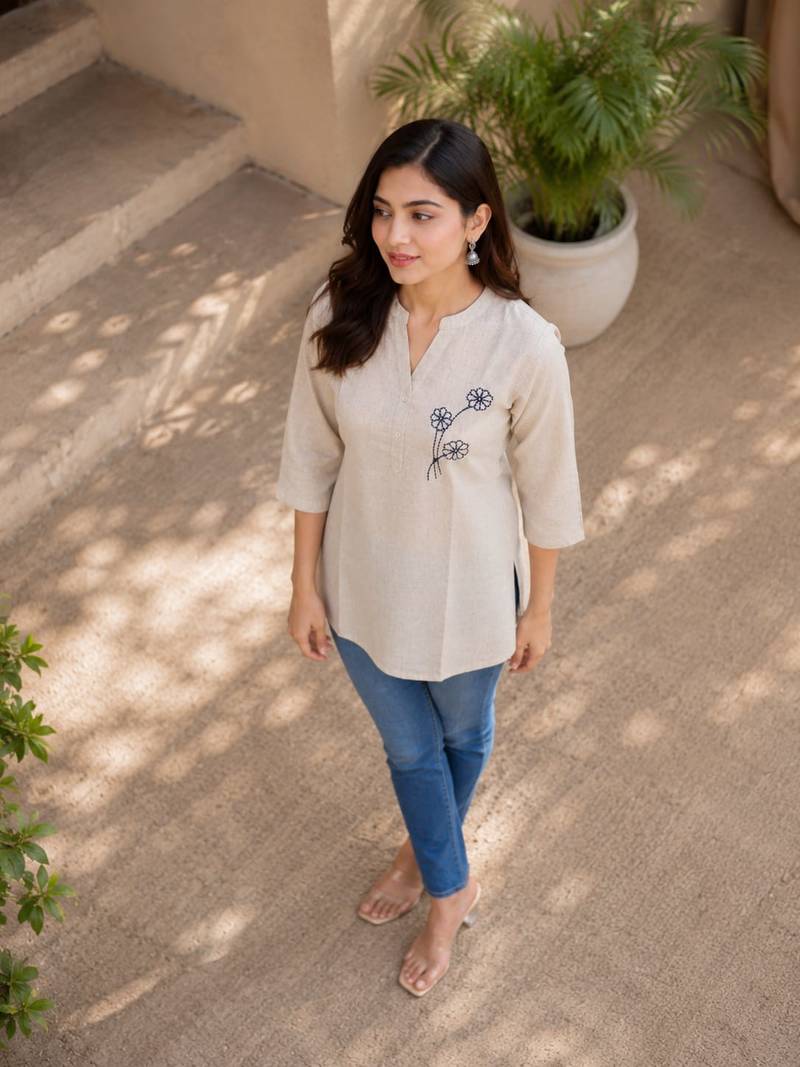 Cotton embroidered short kurti – beige floral design