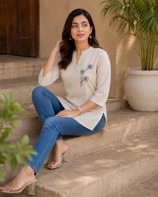 Cotton embroidered short kurti – beige floral design 4