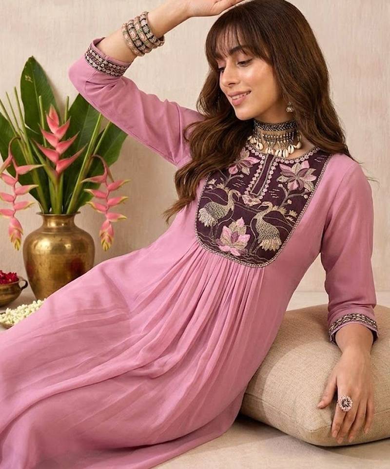 Embroidered round neck kurta & trousers