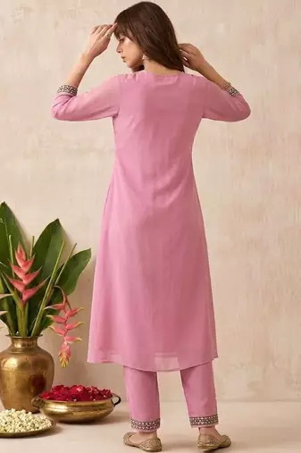 Embroidered round neck kurta & trousers