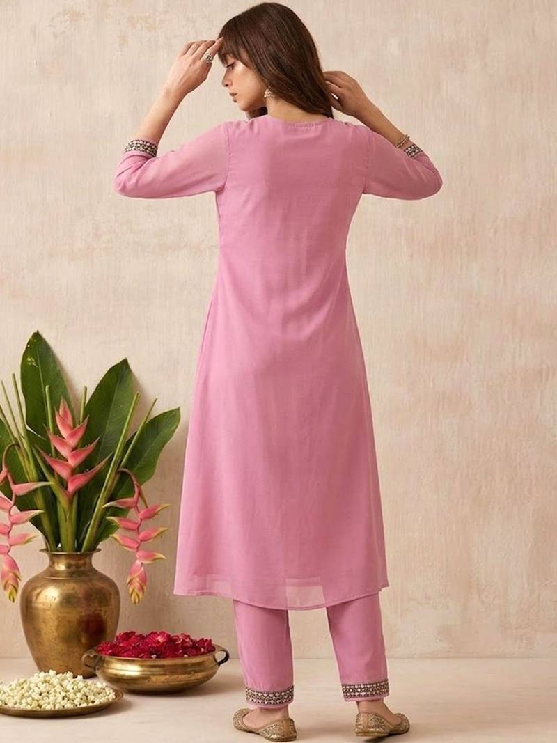 Embroidered round neck kurta & trousers