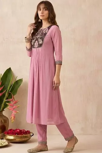 Embroidered round neck kurta & trousers