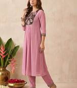Embroidered round neck kurta & trousers