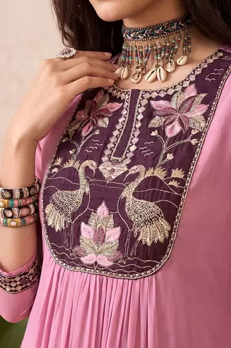 Embroidered round neck kurta & trousers