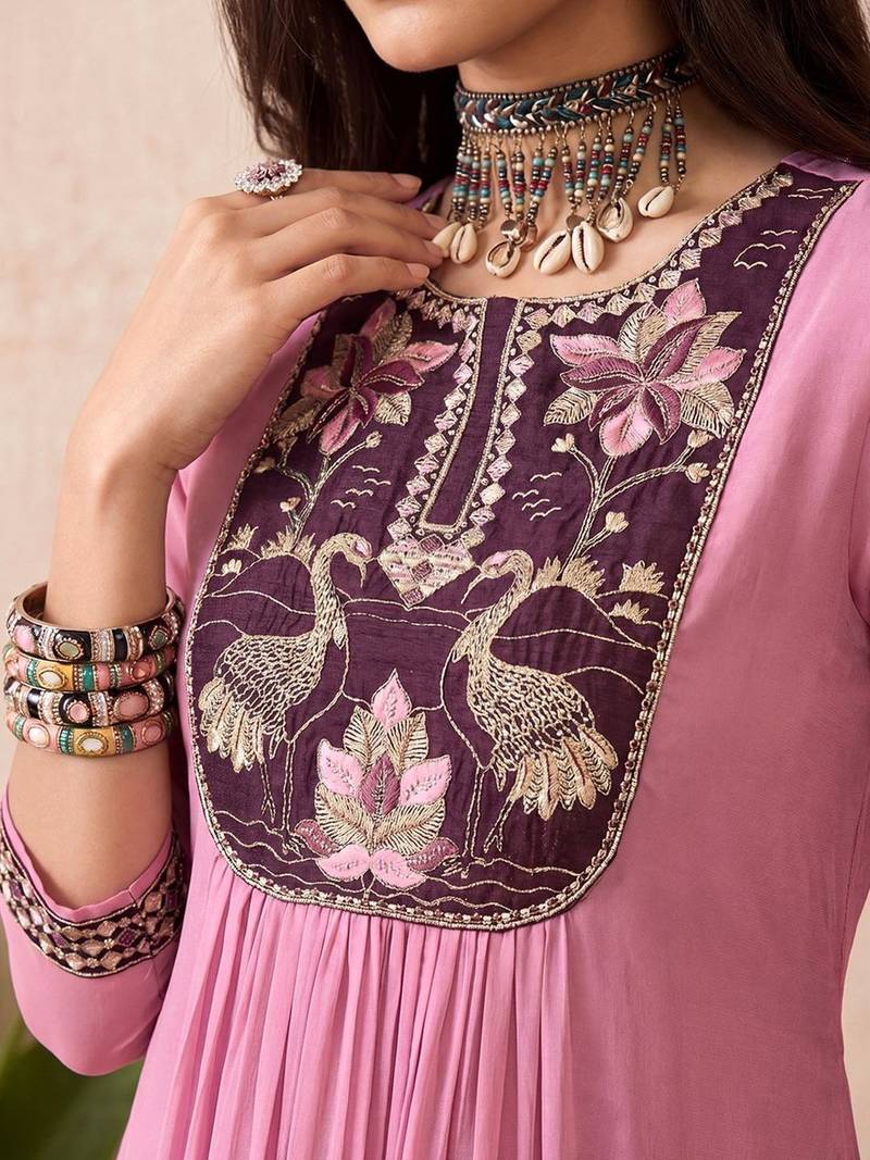 Embroidered round neck kurta & trousers