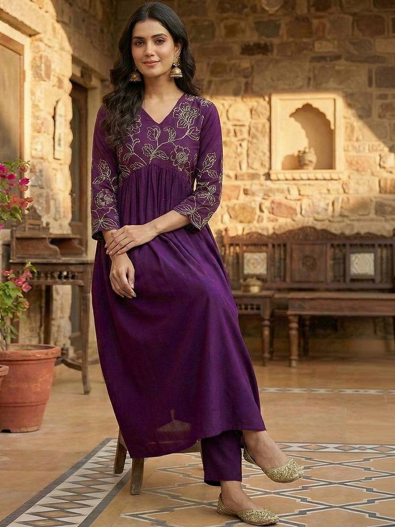 Women floral embroidered pleated sequinned kurta with palazzos