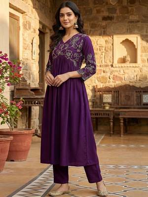 Women floral embroidered pleated sequinned kurta with palazzos 4
