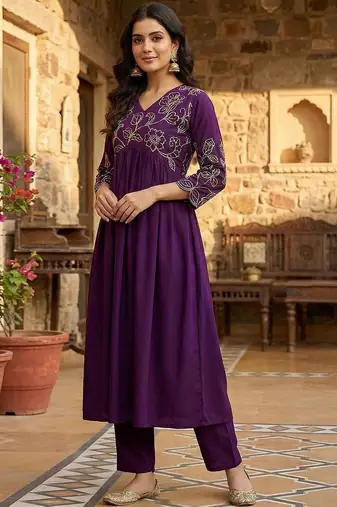 Women floral embroidered pleated sequinned kurta with palazzos