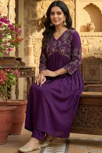 Women floral embroidered pleated sequinned kurta with palazzos