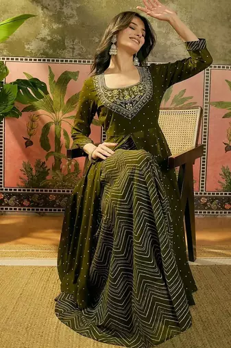 Embroidered a-line kurta with skirt