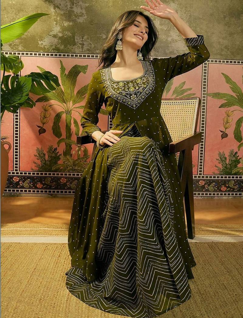 Embroidered a-line kurta with skirt