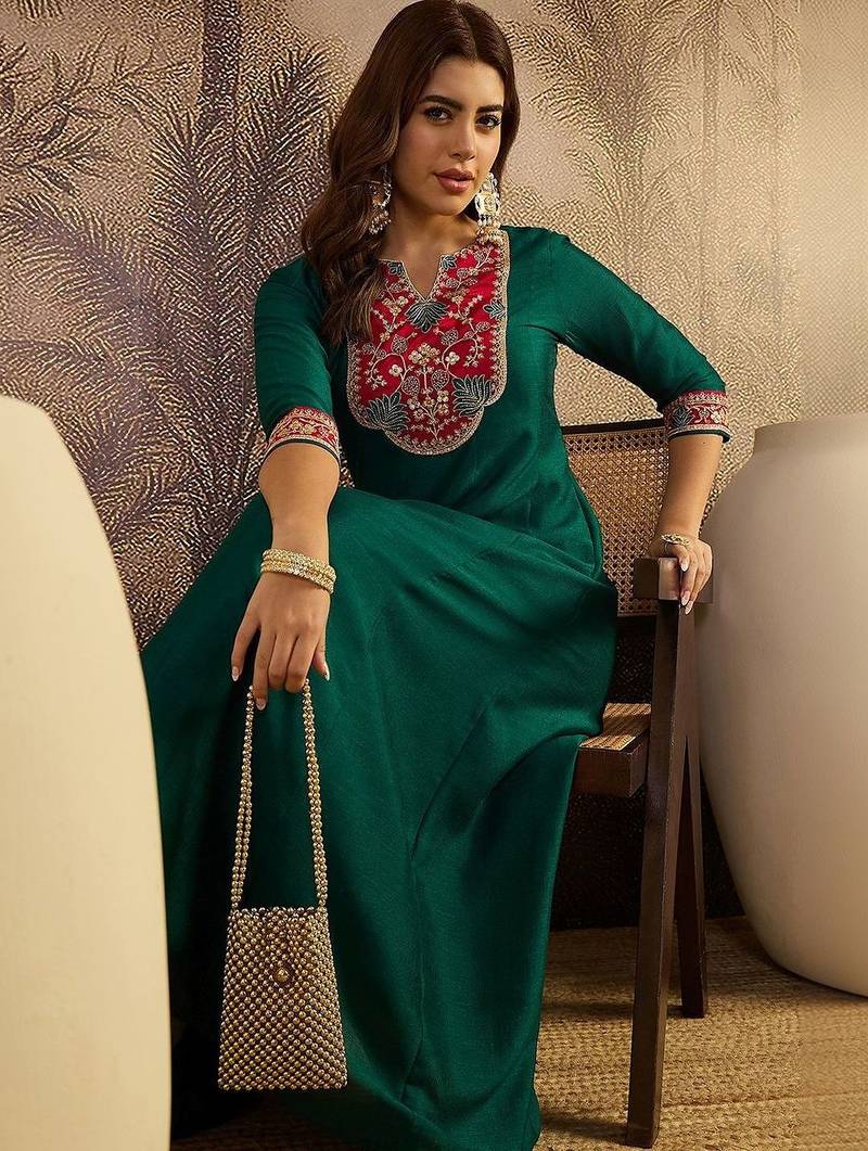 Women floral embroidered sequined thread cording maxi gown ethnic dress