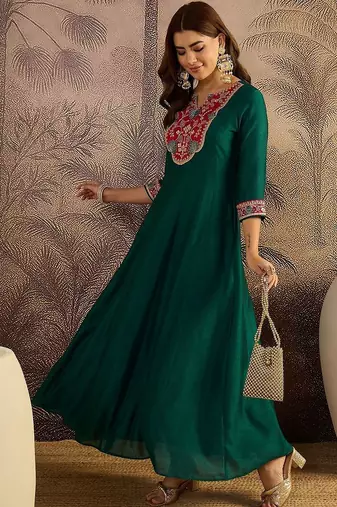 Women floral embroidered sequined thread cording maxi gown ethnic dress