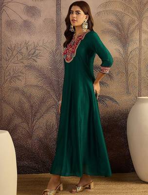 Women floral embroidered sequined thread cording maxi gown ethnic dress 4