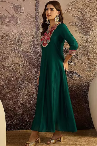 Women floral embroidered sequined thread cording maxi gown ethnic dress