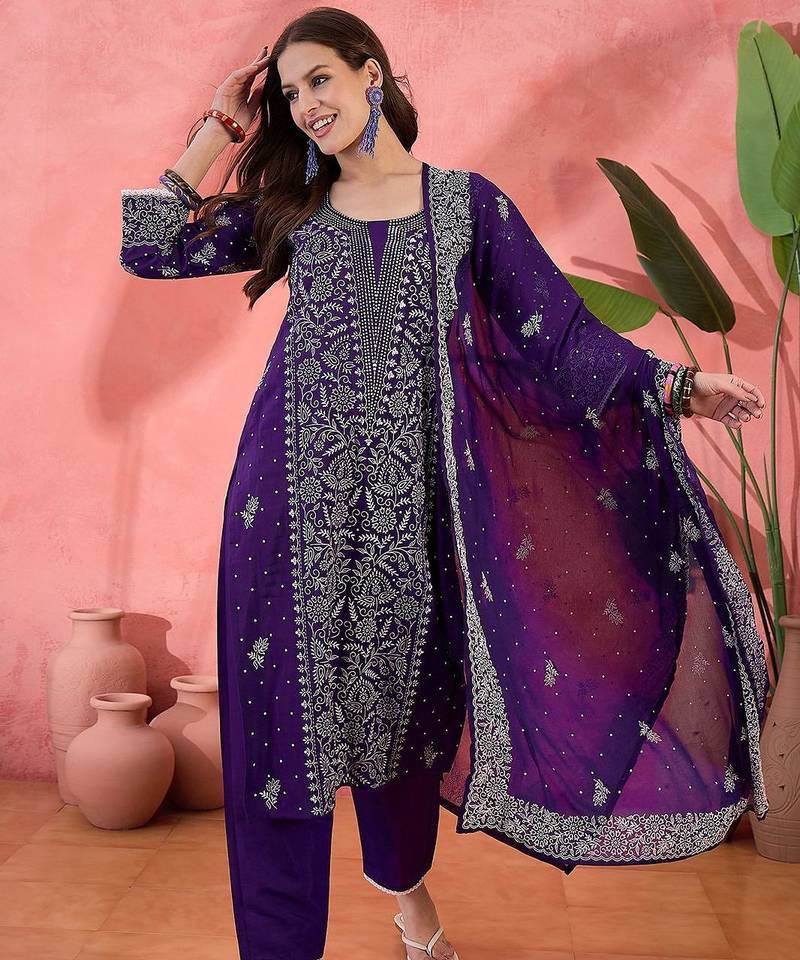 Purple floral printed silk blend u-neck straight kurta with trousers and dupatta