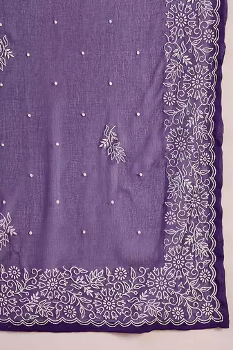 Purple floral printed silk blend u-neck straight kurta with trousers and dupatta