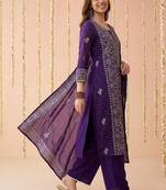 Embroidered round neck kurta & trousers with dupatta