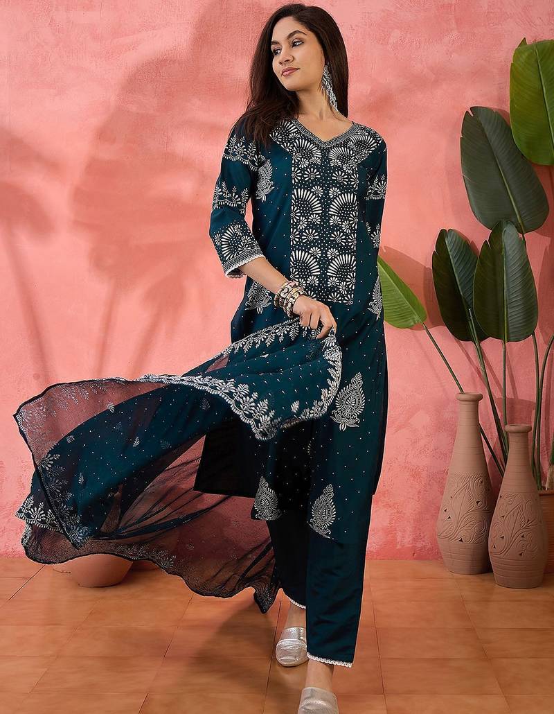 Teal blue floral printed v-neck straight kurta with trousers and dupatta