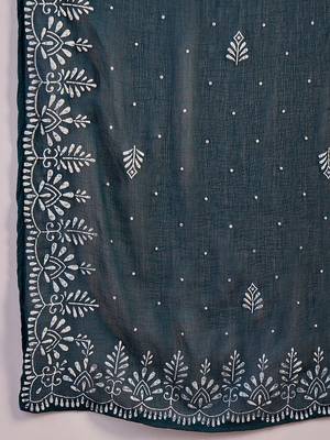 Teal blue floral printed v-neck straight kurta with trousers and dupatta 4
