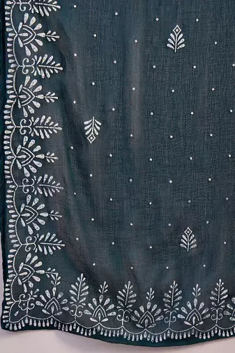 Teal blue floral printed v-neck straight kurta with trousers and dupatta