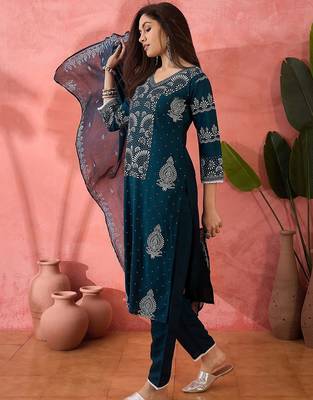 Teal blue floral printed v-neck straight kurta with trousers and dupatta 5