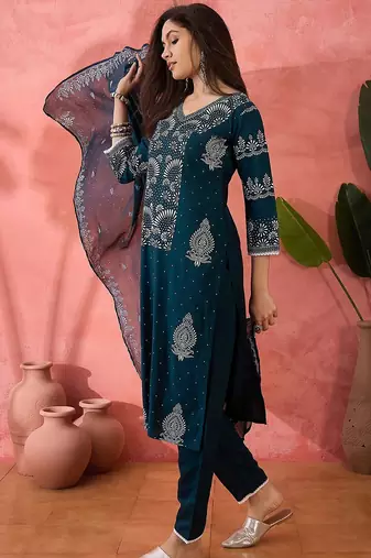 Teal blue floral printed v-neck straight kurta with trousers and dupatta