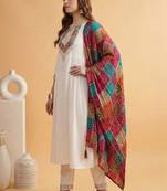 Embroidered notched neck kurta & trousers with dupatta