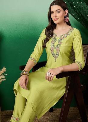 Mustard yellow floral embroidered a-line kurta with trouser & dupatta 1