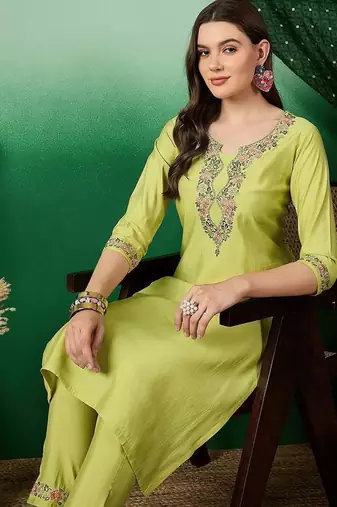 Mustard yellow floral embroidered a-line kurta with trouser & dupatta