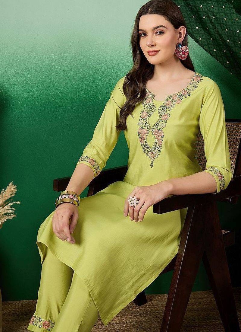 Mustard yellow floral embroidered a-line kurta with trouser & dupatta