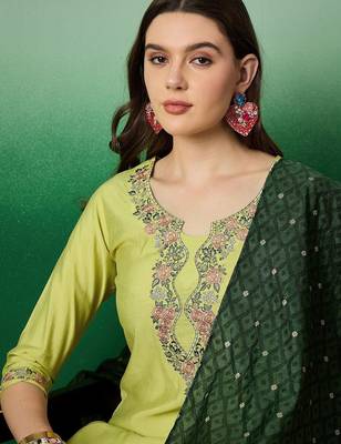Mustard yellow floral embroidered a-line kurta with trouser & dupatta 2