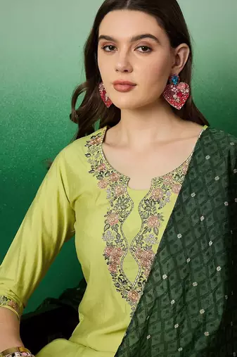 Mustard yellow floral embroidered a-line kurta with trouser & dupatta