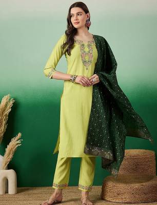 Mustard yellow floral embroidered a-line kurta with trouser & dupatta 5