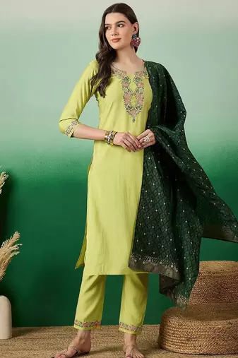 Mustard yellow floral embroidered a-line kurta with trouser & dupatta