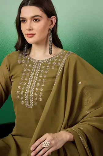 Olive green floral embroidered sequinned straight kurta with trouser & dupatta