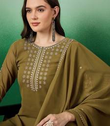 Olive green floral embroidered sequinned straight kurta with trouser & dupatta