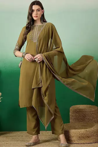Olive green floral embroidered sequinned straight kurta with trouser & dupatta