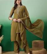 Olive green floral embroidered sequinned straight kurta with trouser & dupatta