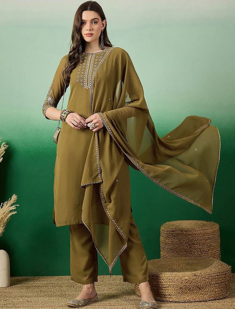 Olive green floral embroidered sequinned straight kurta with trouser & dupatta