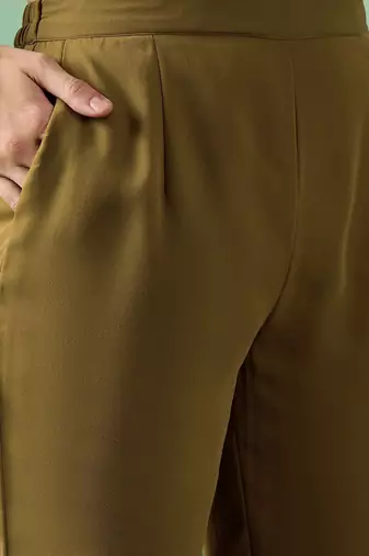 Olive green floral embroidered sequinned straight kurta with trouser & dupatta