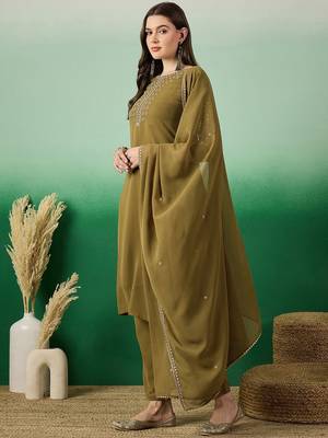 Olive green floral embroidered sequinned straight kurta with trouser & dupatta 5