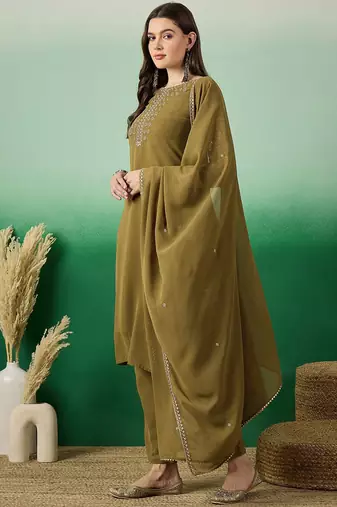 Olive green floral embroidered sequinned straight kurta with trouser & dupatta
